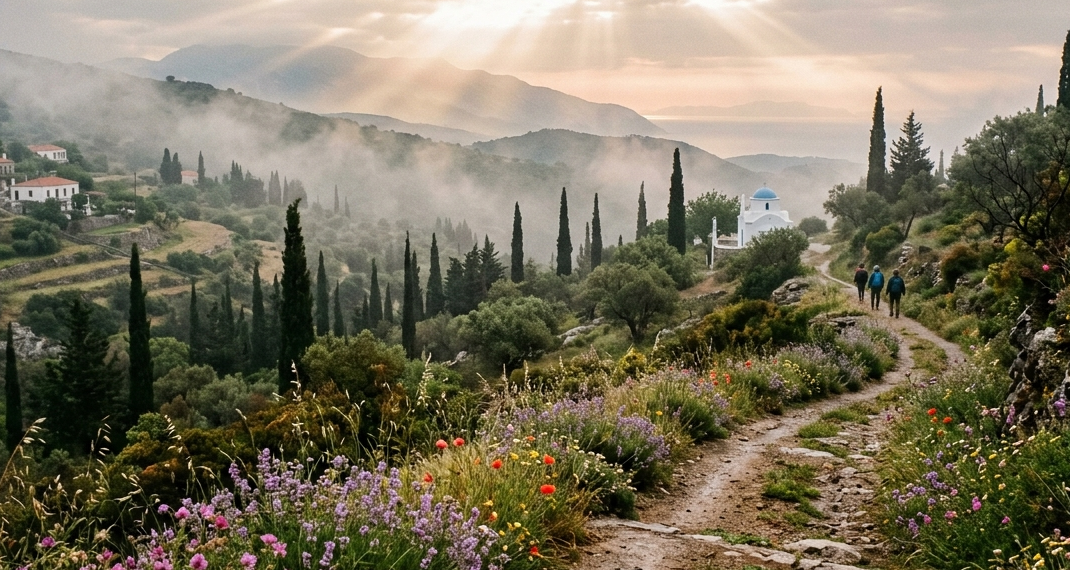 Δρομέας σε ελληνικό τοπίο με ηλιοβασίλεμα